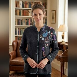 Norm Thompson Womens Vintage Embroidered Paisley Floral Black Wool Cardigan Med